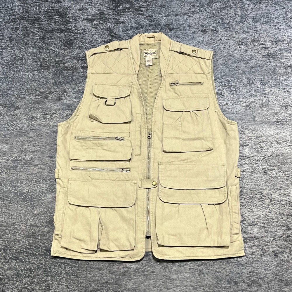 Vintage Woolrich Fishing Vest‎ Mens Medium Beige Outdoor Utility Travel Pockets